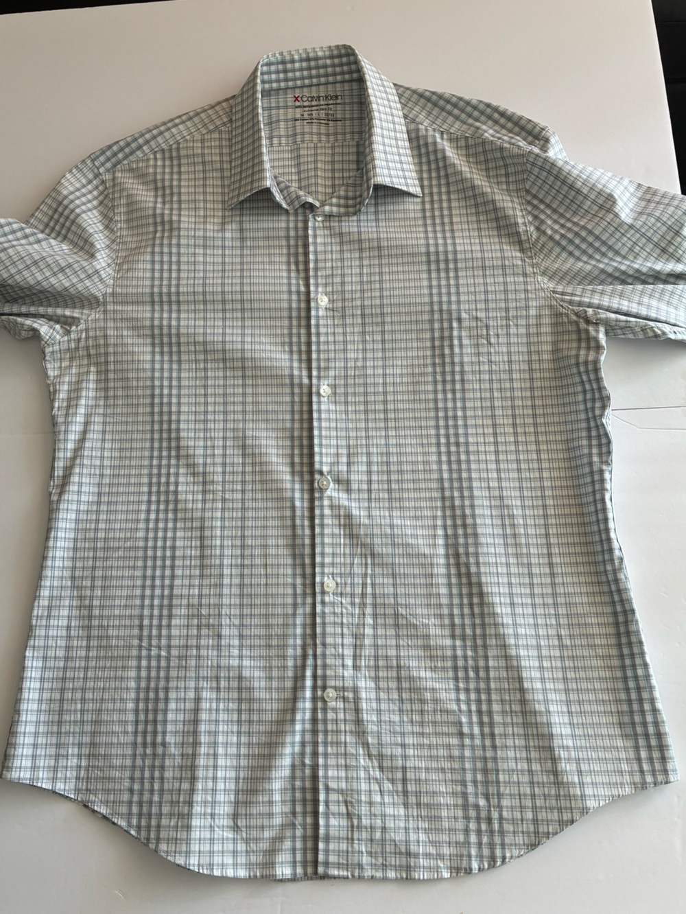 Calvin Klein Mens Shirt 16 16.5 32/33 Extreme Slim Fit Gray White Plaid Dress - Picture 2 of 7
